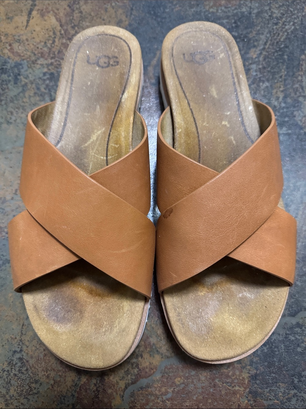 UGG Kari Tan Comfort Leather/Suede Sandal Slide Criss-Cross Straps Womens Sz 9